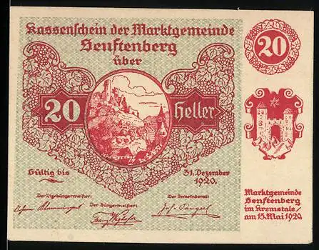 Notgeld Senftenberg 1920, 20 Heller, Burgansicht und Wappen, Serie I