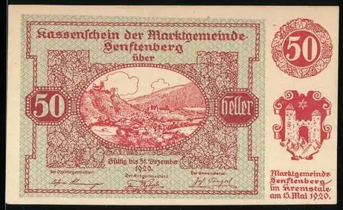 Notgeld Senftenberg 1920, 50 Heller, Burgansicht und Gedicht über deutsche Treue