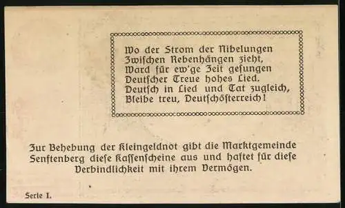 Notgeld Senftenberg 1920, 50 Heller, Burgansicht und Gedicht über deutsche Treue