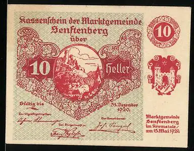 Notgeld Senftenberg 1920, 10 Heller, Burgruine mit Gedicht, Serie I