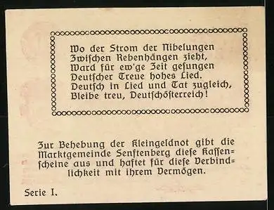 Notgeld Senftenberg 1920, 10 Heller, Burgruine mit Gedicht, Serie I