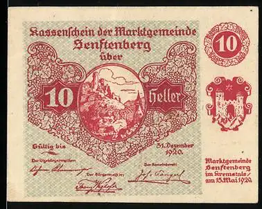 Notgeld Senftenberg 1920, 10 Heller, Burgruine-Motiv, Wappen, Serie I