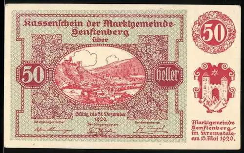 Notgeld Senftenberg 1920, 50 Heller, Landschaft mit Burg und Gedicht, Serie I, Wappen der Marktgemeinde