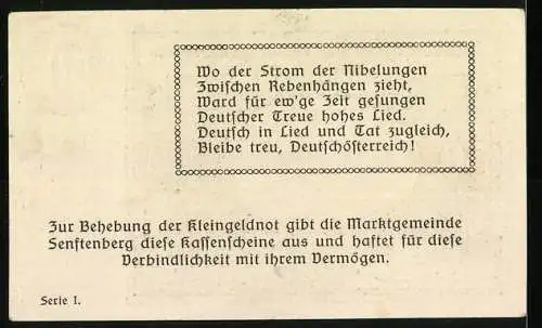 Notgeld Senftenberg 1920, 50 Heller, Landschaft mit Burg und Gedicht, Serie I, Wappen der Marktgemeinde