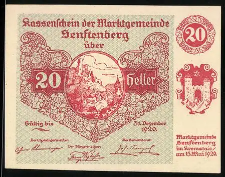 Notgeld Senftenberg 1920, 20 Heller, Burgansicht, Serie I, Wappen und Gedicht