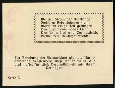 Notgeld Senftenberg 1920, 20 Heller, Burgansicht, Serie I, Wappen und Gedicht