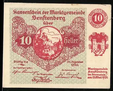 Notgeld Senftenberg 1920, 10 Heller, Burgruine und Wappen, Serie I