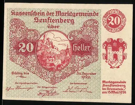 Notgeld Senftenberg 1920, 20 Heller, Burgruine und Gedicht, Serie I, Wappen