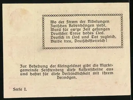 Notgeld Senftenberg 1920, 20 Heller, Burgruine und Gedicht, Serie I, Wappen