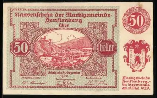 Notgeld Senftenberg 1920, 50 Heller, Burgruine und Landschaftsmotiv, Serie I