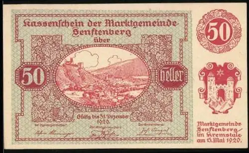 Notgeld Senftenberg 1920, 50 Heller, Landschaftsmotiv mit Wappen und Gedicht über deutsche Treue