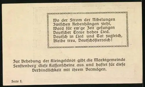 Notgeld Senftenberg 1920, 50 Heller, Landschaftsmotiv mit Wappen und Gedicht über deutsche Treue