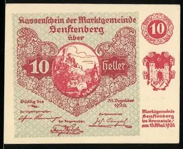 Notgeld Senftenberg 1920, 10 Heller, Landschaftsmotiv und Wappen, Serie 1