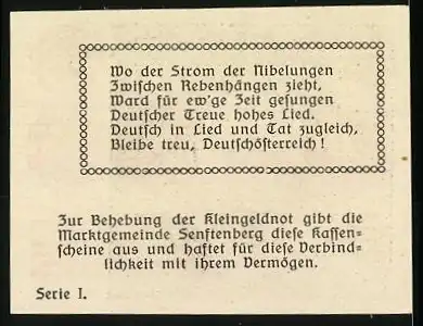 Notgeld Senftenberg 1920, 10 Heller, malerische Landschaft und Gedicht, Serie I