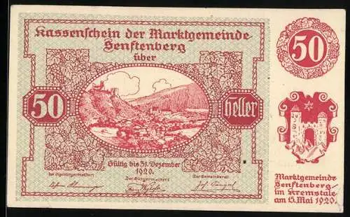 Notgeld Senftenberg 1920, 50 Heller, Burgruine und Landschaftsmotiv, lyrischer Text, Serie I