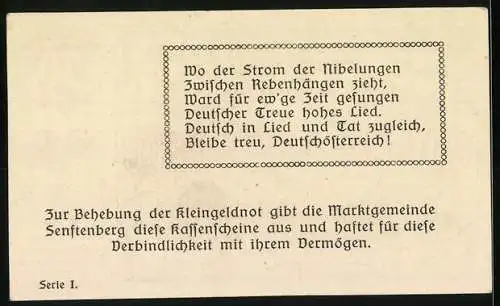 Notgeld Senftenberg 1920, 50 Heller, Burgruine und Landschaftsmotiv, lyrischer Text, Serie I