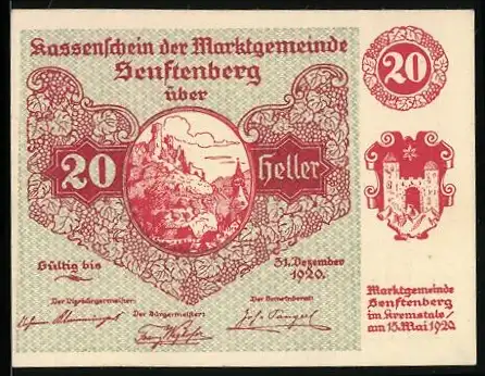 Notgeld Senftenberg 1920, 20 Heller, Landschaftsmotiv und Wappen, Serie I