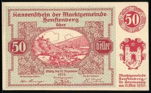 Notgeld Senftenberg 1920, 50 Heller, Landschaftsmotiv mit Burg und Gedicht, Serie I