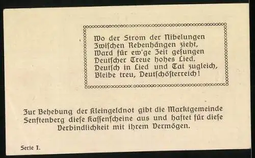 Notgeld Senftenberg 1920, 50 Heller, Landschaftsmotiv mit Burg und Gedicht, Serie I