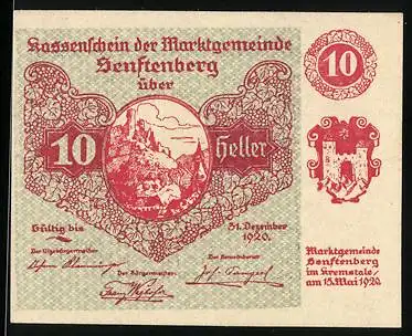 Notgeld Senftenberg 1920, 10 Heller, Burgmotiv und Wappen, Text über Nibelungenlied