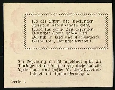 Notgeld Senftenberg 1920, 10 Heller, Burgmotiv und Wappen, Text über Nibelungenlied