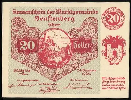 Notgeld Senftenberg 1920, 20 Heller, Burgmotiv und Wappen, Serie I