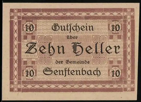 Notgeld Senftenbach 1920, 10 Heller, geometrische Muster und Textdetails