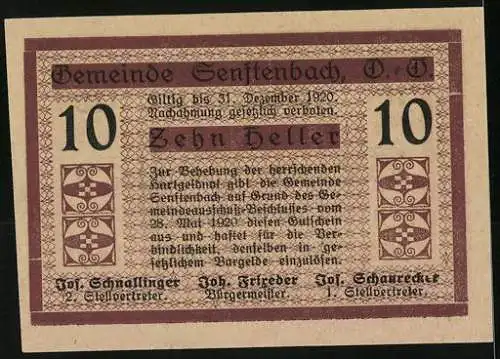 Notgeld Senftenbach 1920, 10 Heller, geometrische Muster und Textdetails