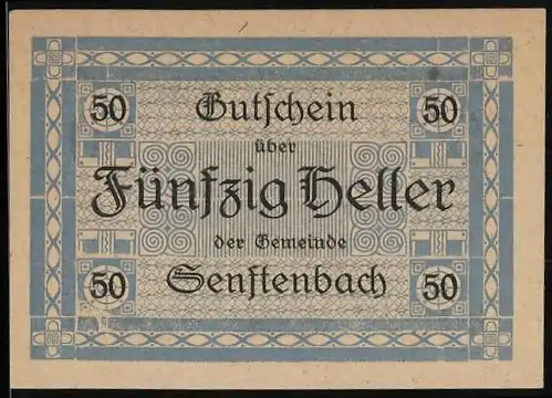 Notgeld Senftenbach 1920, 50 Heller, dekoratives geometrisches Muster und Textdetails