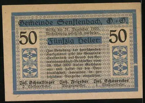 Notgeld Senftenbach 1920, 50 Heller, dekoratives geometrisches Muster und Textdetails