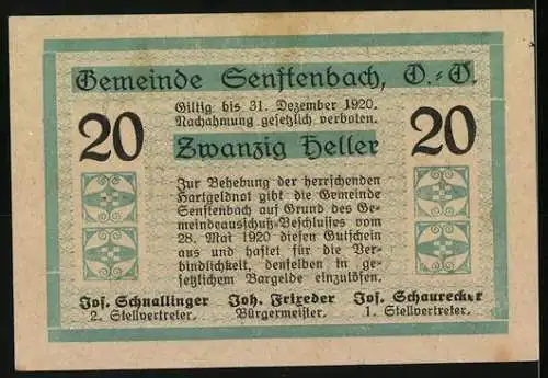 Notgeld Senftenbach 1920, 20 Heller, ornamental Muster mit Text über Gültigkeit und Unterschriften