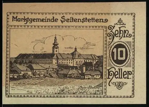 Notgeld Seitenstetten 1920, 10 Heller, Klosteransicht und Gemeindewappen