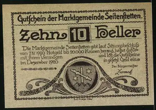 Notgeld Seitenstetten 1920, 10 Heller, Klosteransicht und Gemeindewappen