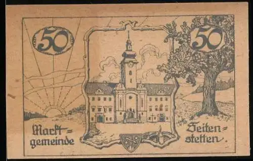 Notgeld Seitenstetten 1920, 50 Heller, Rathaus und Wappen der Marktgemeinde