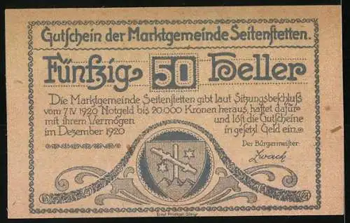 Notgeld Seitenstetten 1920, 50 Heller, Rathaus und Wappen der Marktgemeinde