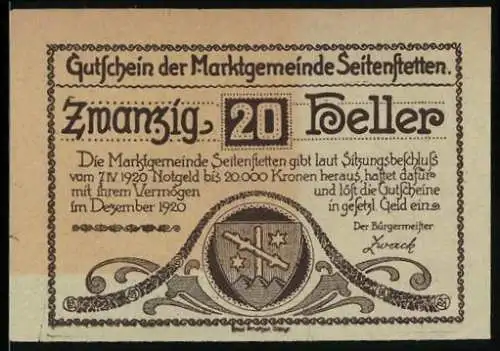 Notgeld Seitenstetten 1920, 20 Heller, Klosteransicht von 1566, Wappen der Marktgemeinde