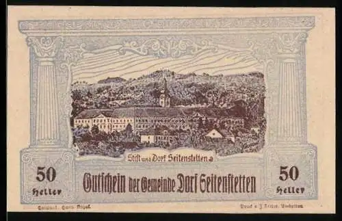 Notgeld Seitenstetten 1920, 50 Heller, Stift und Kriegerdenkmal mit Waldhintergrund