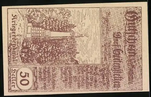 Notgeld Seitenstetten 1920, 50 Heller, Stift und Kriegerdenkmal mit Waldhintergrund