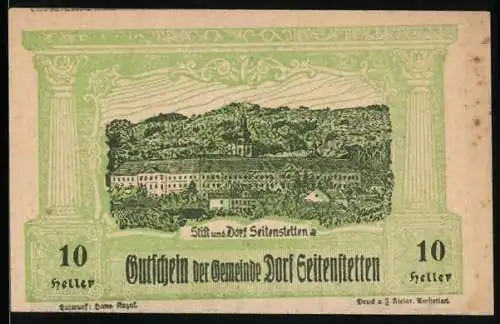 Notgeld Seitenstetten 1920, 10 Heller, Klosteransicht und Kriegerdenkmal, 1917-1918