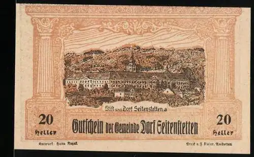 Notgeld Seitenstetten 1920, 20 Heller, Stiftansicht und Kriegerdenkmal 1914-1918