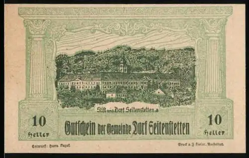 Notgeld Seitenstetten 1920, 10 Heller, Klosteransicht und Kriegerdenkmal, 1914-1918