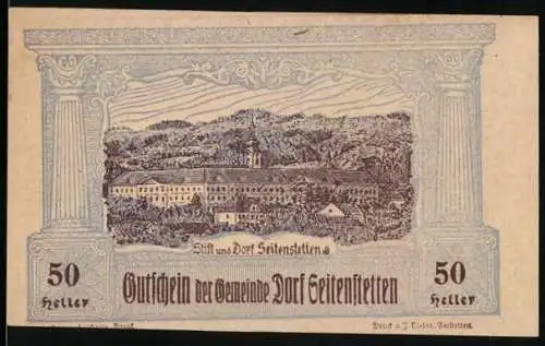 Notgeld Seitenstetten 1920, 50 Heller, Stift und Kriegerdenkmal, Landschaftsmotiv