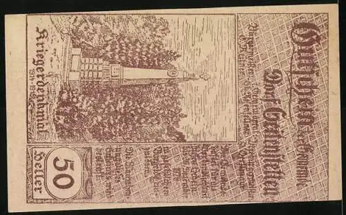 Notgeld Seitenstetten 1920, 50 Heller, Stift und Kriegerdenkmal, Landschaftsmotiv