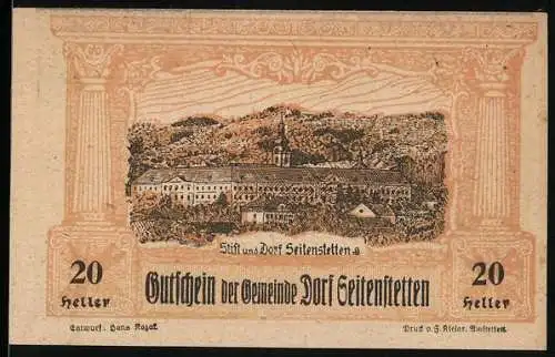 Notgeld Seitenstetten 1920, 20 Heller, Stiftansicht und Kriegerdenkmal, Entwurf Hans Ragat, Druck J. Kienel