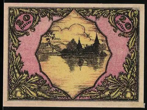 Notgeld Seewalchen am Attersee 1920, 20 Heller, Landschaft mit Schloss und See, florale Bordüre