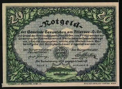 Notgeld Seewalchen am Attersee 1920, 20 Heller, Landschaft mit Schloss und See, florale Bordüre