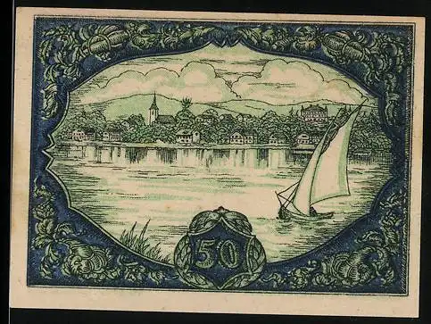 Notgeld Seewalchen am Attersee 1920, 50 Heller, Segelboot auf Attersee und Stadtansicht, Serie B