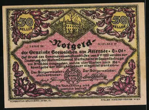 Notgeld Seewalchen am Attersee 1920, 50 Heller, Segelboot auf Attersee und Stadtansicht, Serie B