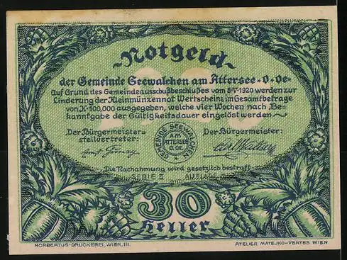 Notgeld Seewalchen am Attersee 1920, 30 Heller, Landschaft mit Wanderer und Baum, dekorativer Rahmen