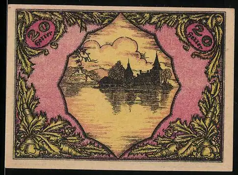 Notgeld Seewalchen am Attersee 1920, 20 Heller, Landschaft mit See und Gebäuden, florale Umrandung